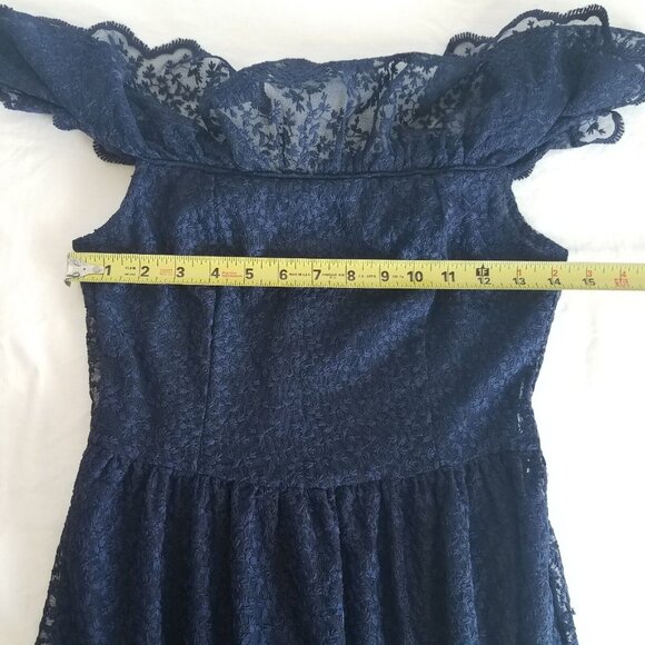 H&M Lace Off Shoulder Midi Dress Navy Blue SIZE 4 Spaghetti Strap Elastic - Picture 7 of 16